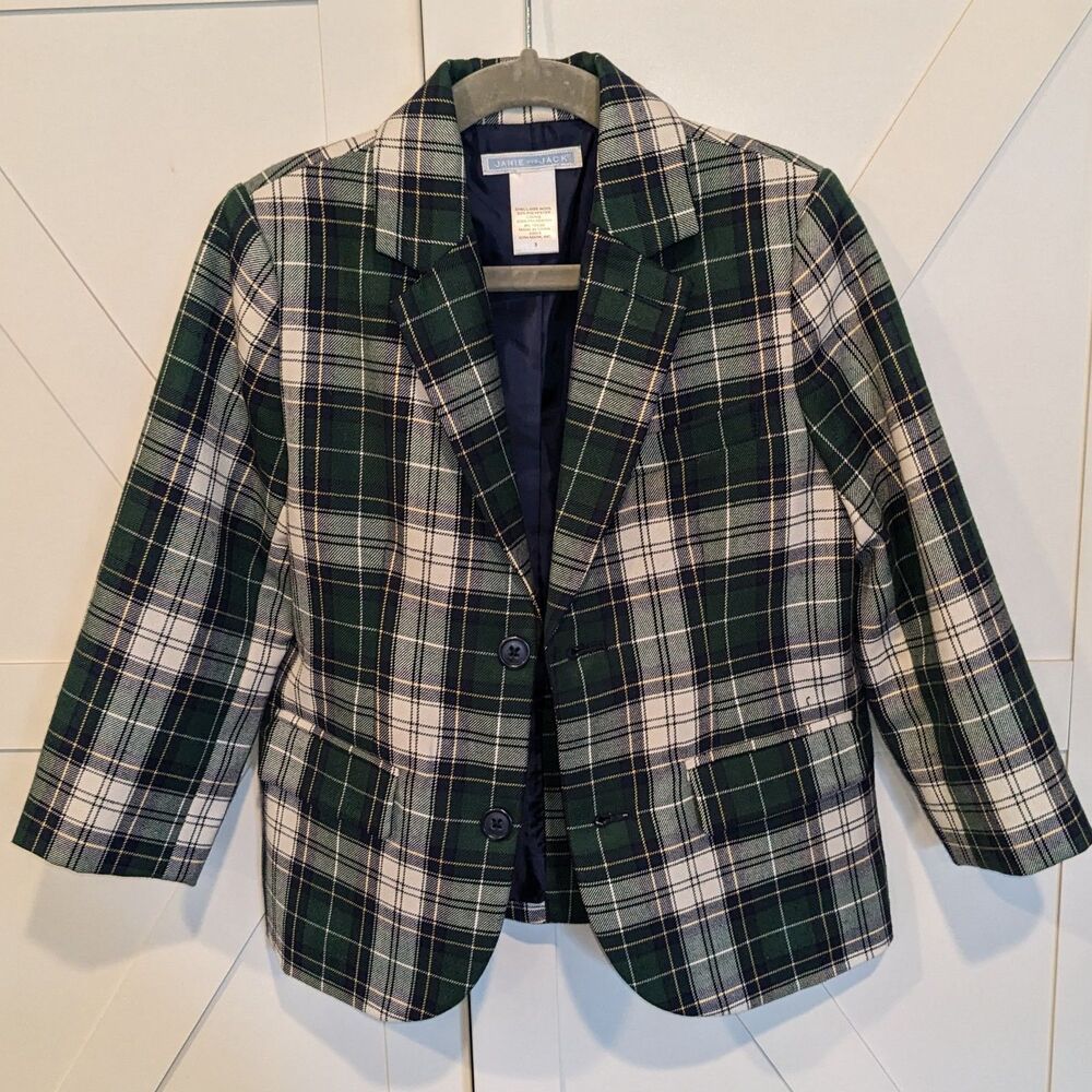 Janie & Jack Plaid Wool Blend Blazer Boys Size 3T Green Navy Cream
